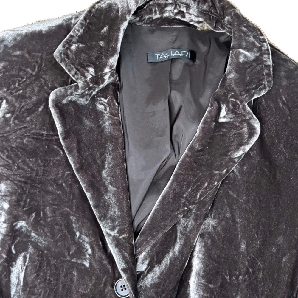 Tahari Grayish Brown Crushed Velvet Blazer Jacket Medium Steampunk Cottage Goth - Picture 2 of 6